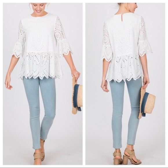 Cotton Eyelet scalloped babydoll solid top - Picture 2 of 6